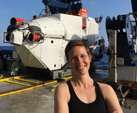 Brandy Toner getting ready to dive to a deep-sea hydrothermal vent in the submersible Alvin